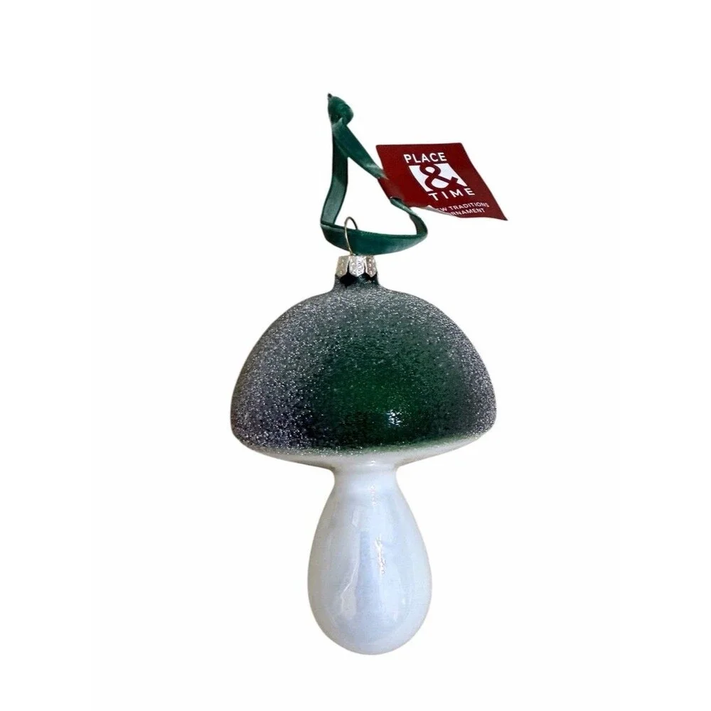Place & Time Frosty Mushroom Glass Ornaments Christmas Decor Green Red 5” Pair